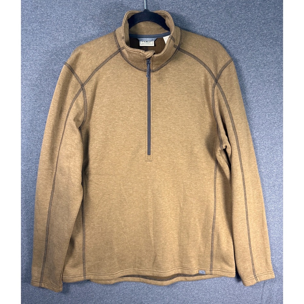 LL Bean Mens Quarter Zip Pullover Sweater Brown Wool Blend Large hiking outdoor